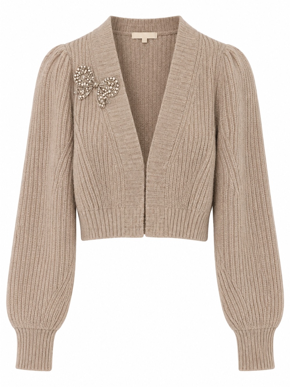 LoveShackFancy Taupe Cashmere and Wool Cardigan with Crystal Bow